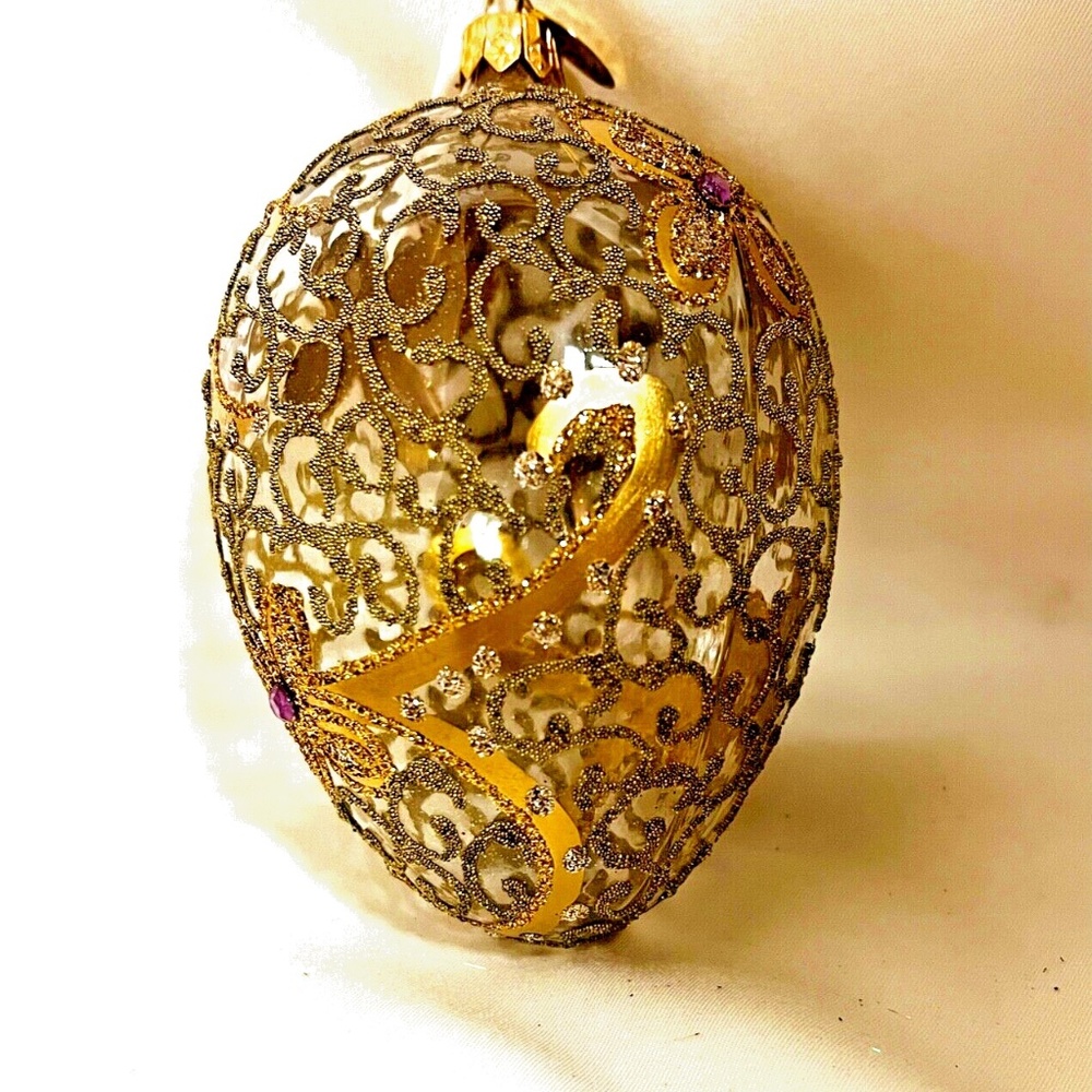 EGG (large 5" x 3,5") ORNAMENT FROM POLAND SUGAR MICA GOLDEN BLOWN GLASS VINTAGE